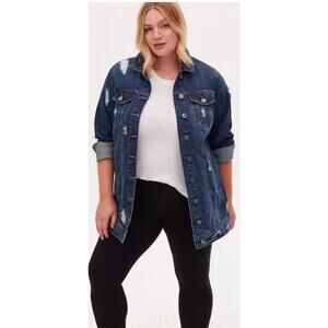 Torrid Denim Jacket Long Length Distressed Size 1